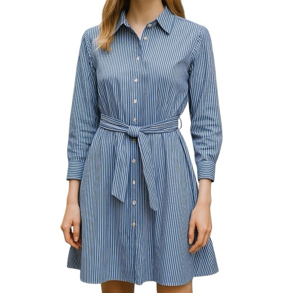 Wishing Waves Sz L Blue & White Stripes Long Sleeve Belted Dress NWT